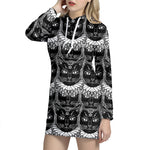 Black And White Gothic Wiccan Cat Print Hoodie Dress