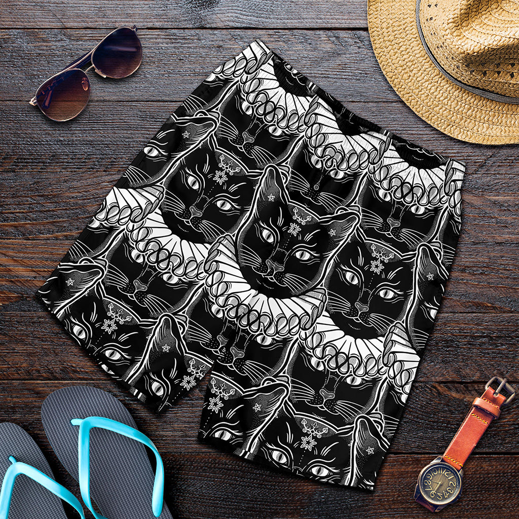 Black And White Gothic Wiccan Cat Print Men's Shorts