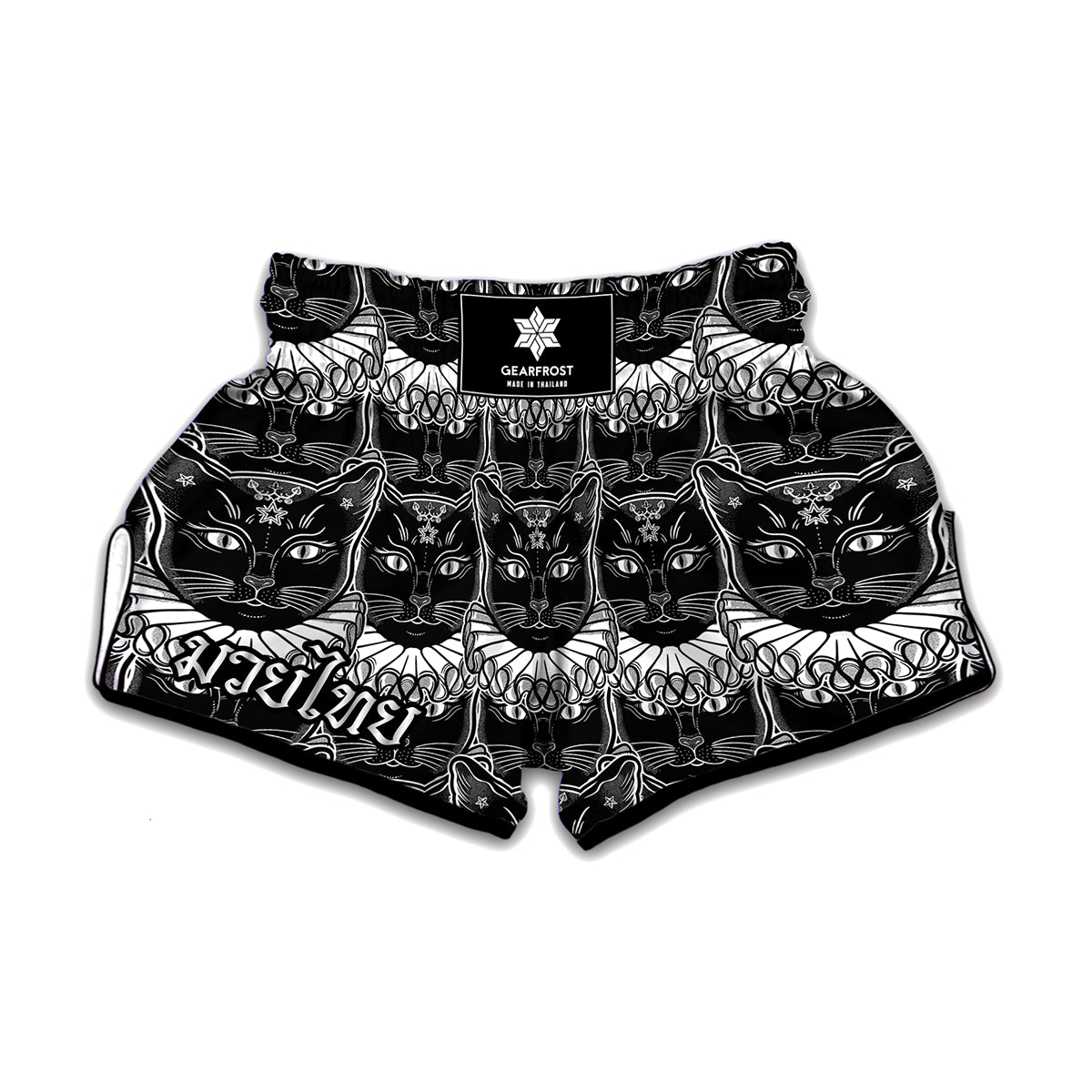 Black And White Gothic Wiccan Cat Print Muay Thai Boxing Shorts