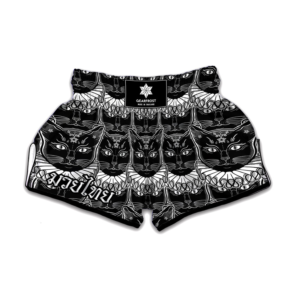 Black And White Gothic Wiccan Cat Print Muay Thai Boxing Shorts