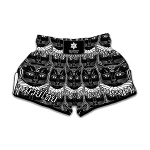 Black And White Gothic Wiccan Cat Print Muay Thai Boxing Shorts