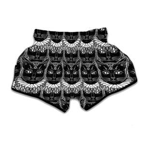 Black And White Gothic Wiccan Cat Print Muay Thai Boxing Shorts