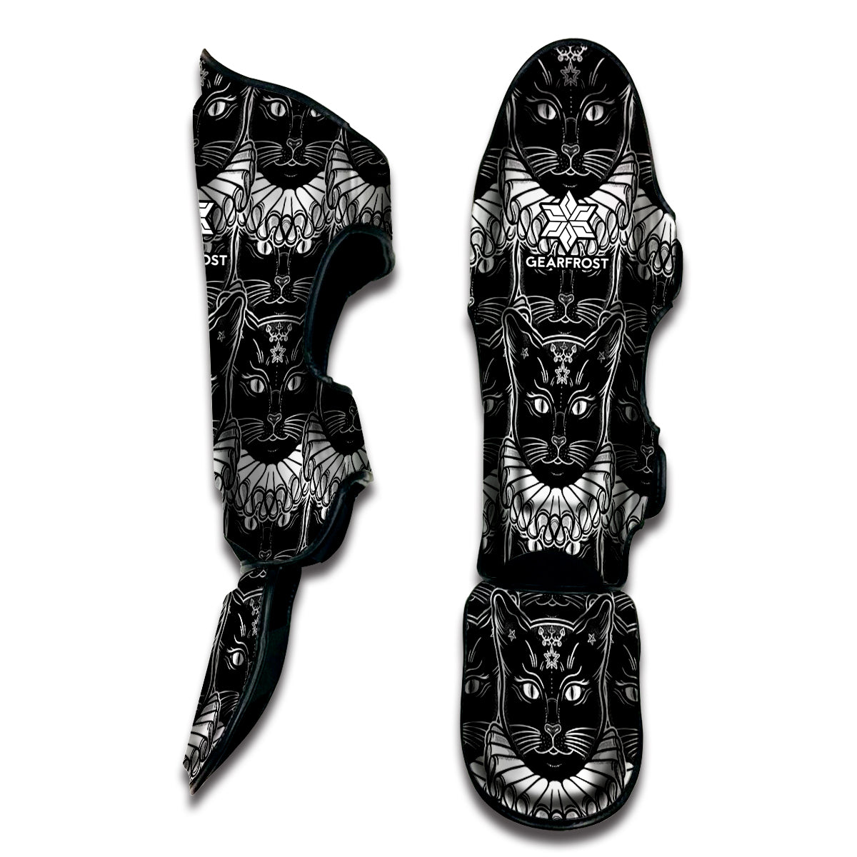 Black And White Gothic Wiccan Cat Print Muay Thai Shin Guard