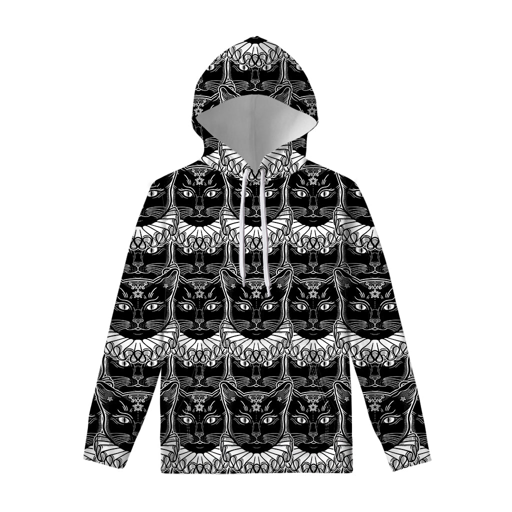 Black And White Gothic Wiccan Cat Print Pullover Hoodie