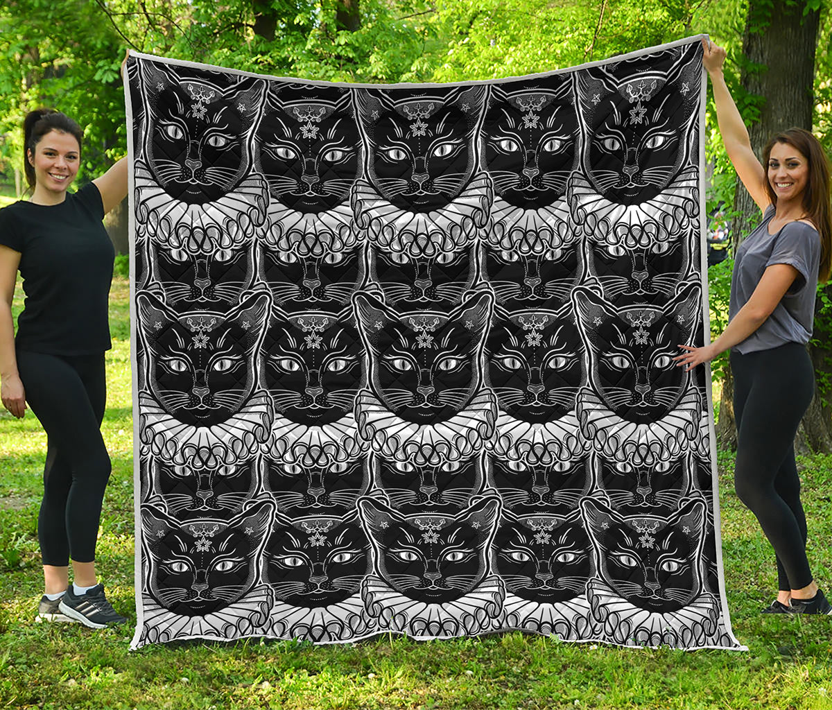 Black And White Gothic Wiccan Cat Print Quilt