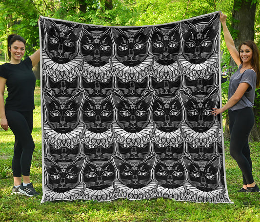 Black And White Gothic Wiccan Cat Print Quilt