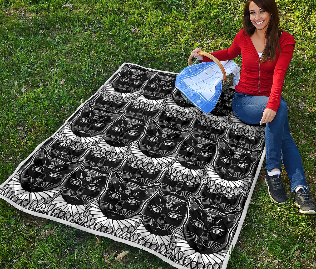 Black And White Gothic Wiccan Cat Print Quilt