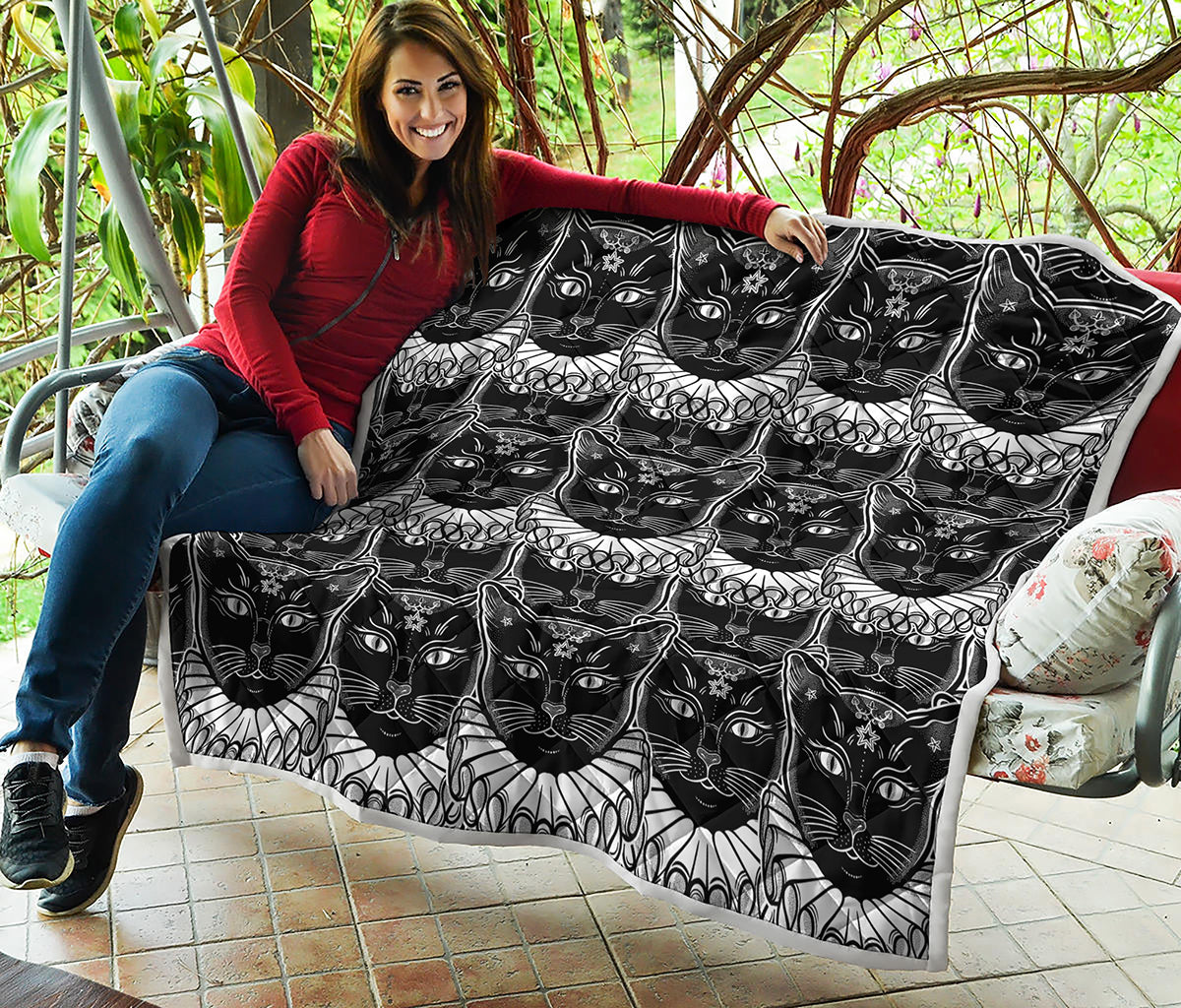 Black And White Gothic Wiccan Cat Print Quilt