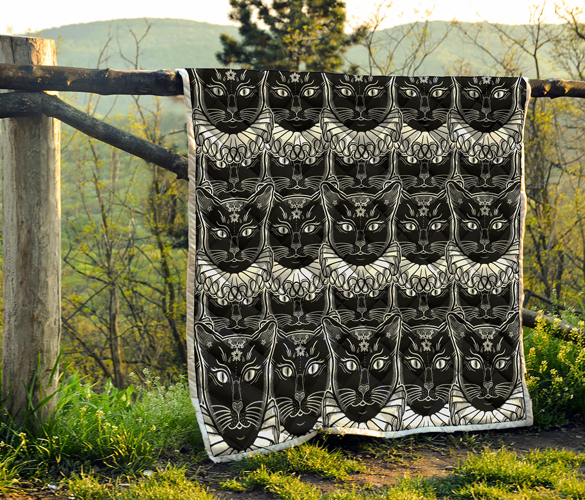 Black And White Gothic Wiccan Cat Print Quilt