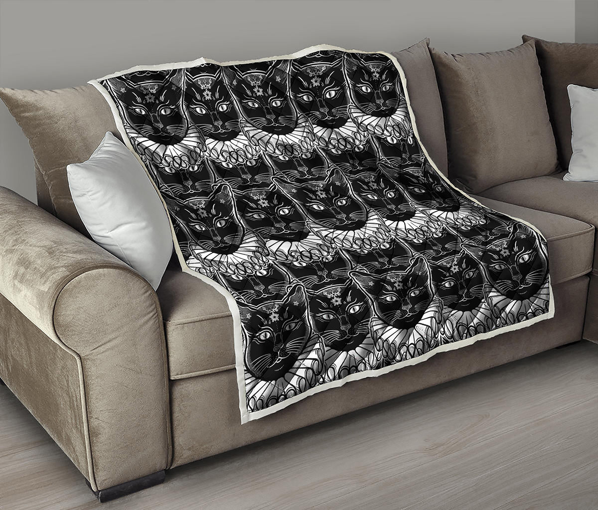 Black And White Gothic Wiccan Cat Print Quilt