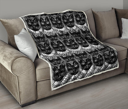 Black And White Gothic Wiccan Cat Print Quilt