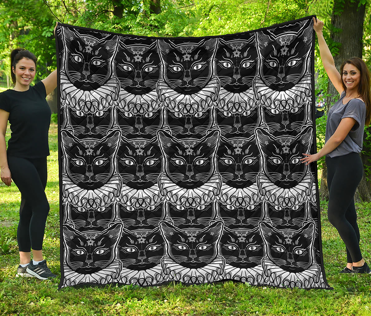 Black And White Gothic Wiccan Cat Print Quilt