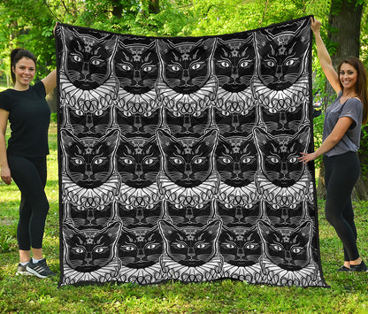 Black And White Gothic Wiccan Cat Print Quilt