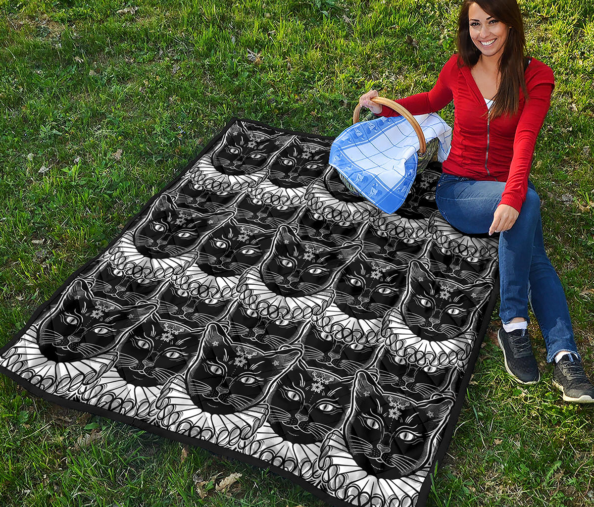 Black And White Gothic Wiccan Cat Print Quilt