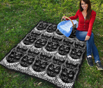 Black And White Gothic Wiccan Cat Print Quilt