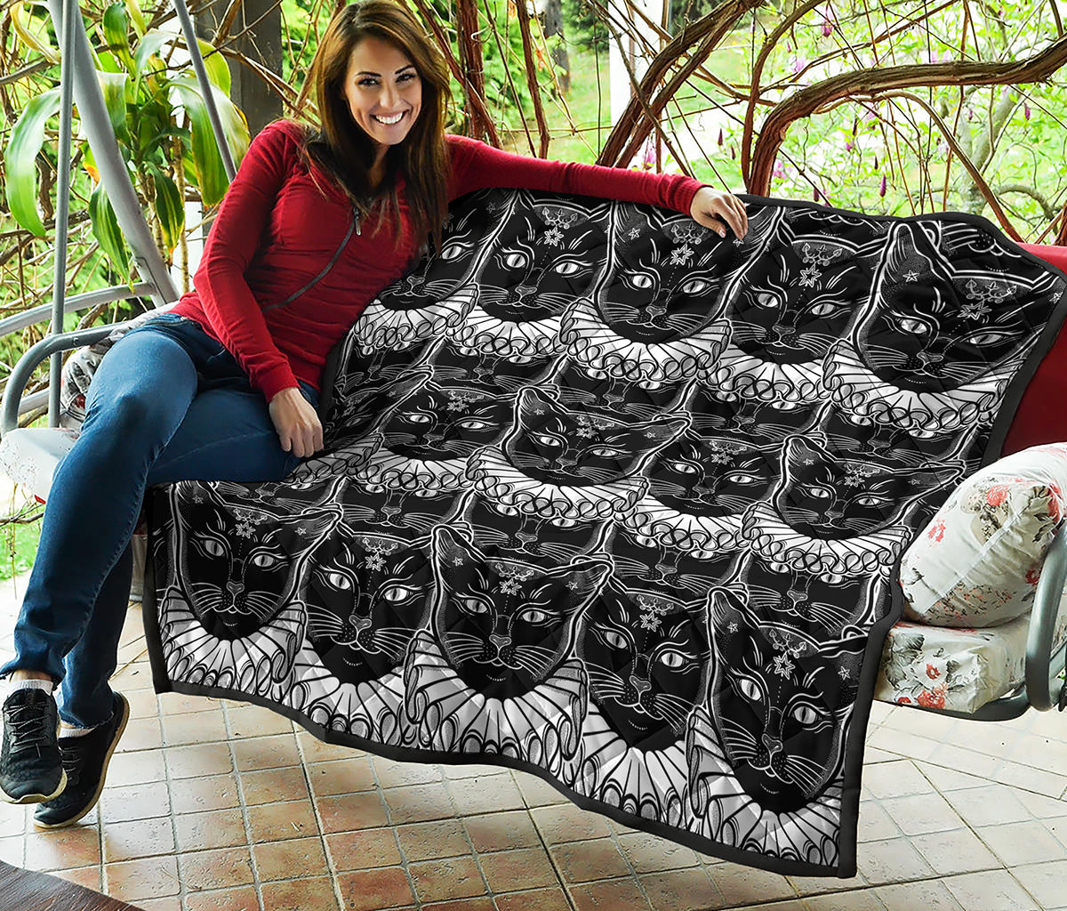 Black And White Gothic Wiccan Cat Print Quilt