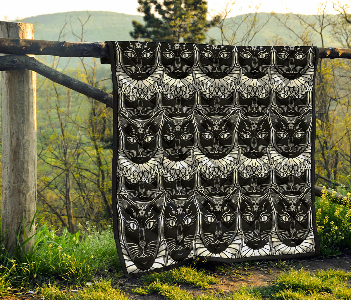 Black And White Gothic Wiccan Cat Print Quilt