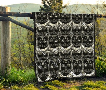 Black And White Gothic Wiccan Cat Print Quilt