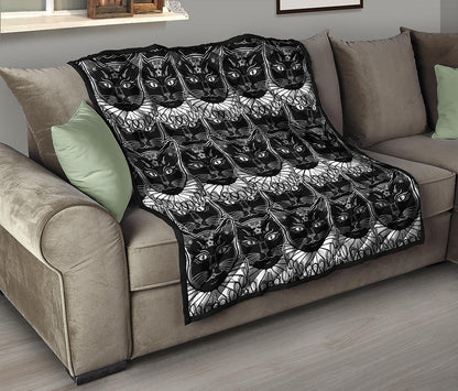 Black And White Gothic Wiccan Cat Print Quilt