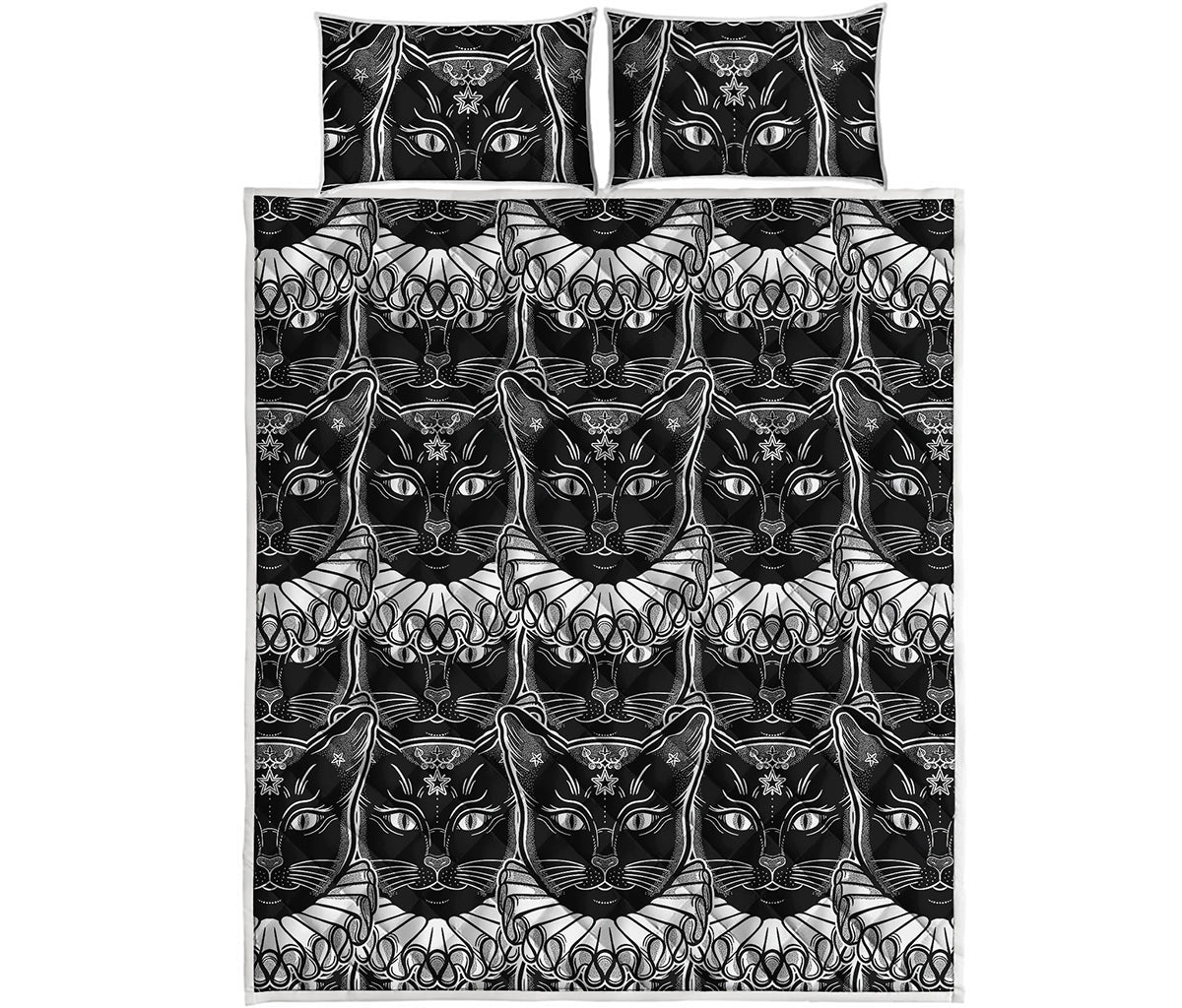Black And White Gothic Wiccan Cat Print Quilt Bed Set