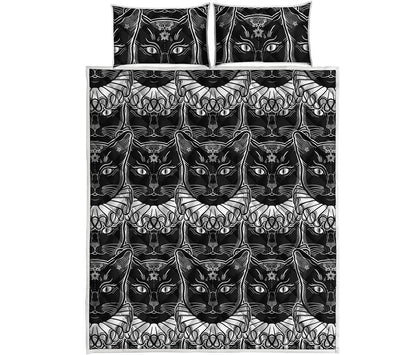 Black And White Gothic Wiccan Cat Print Quilt Bed Set