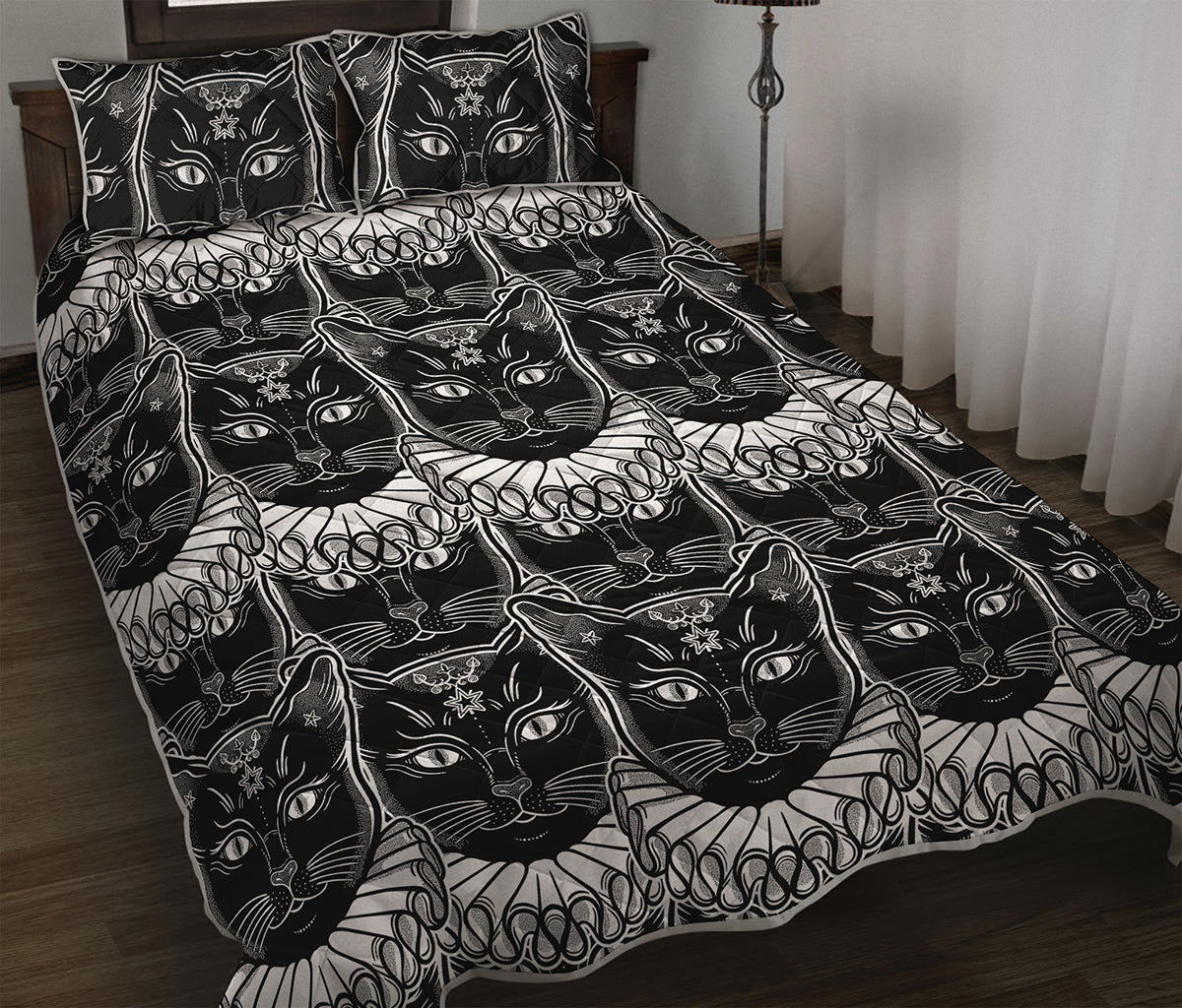 Black And White Gothic Wiccan Cat Print Quilt Bed Set