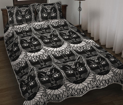 Black And White Gothic Wiccan Cat Print Quilt Bed Set