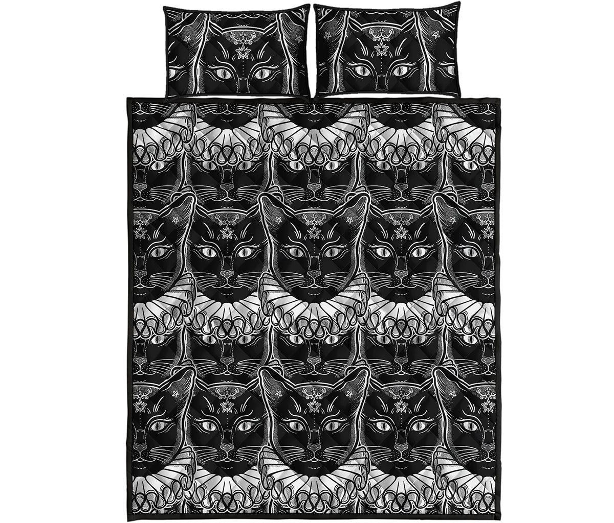 Black And White Gothic Wiccan Cat Print Quilt Bed Set