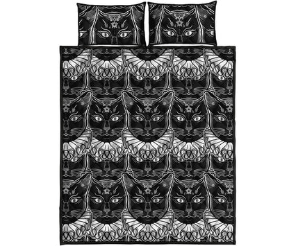 Black And White Gothic Wiccan Cat Print Quilt Bed Set