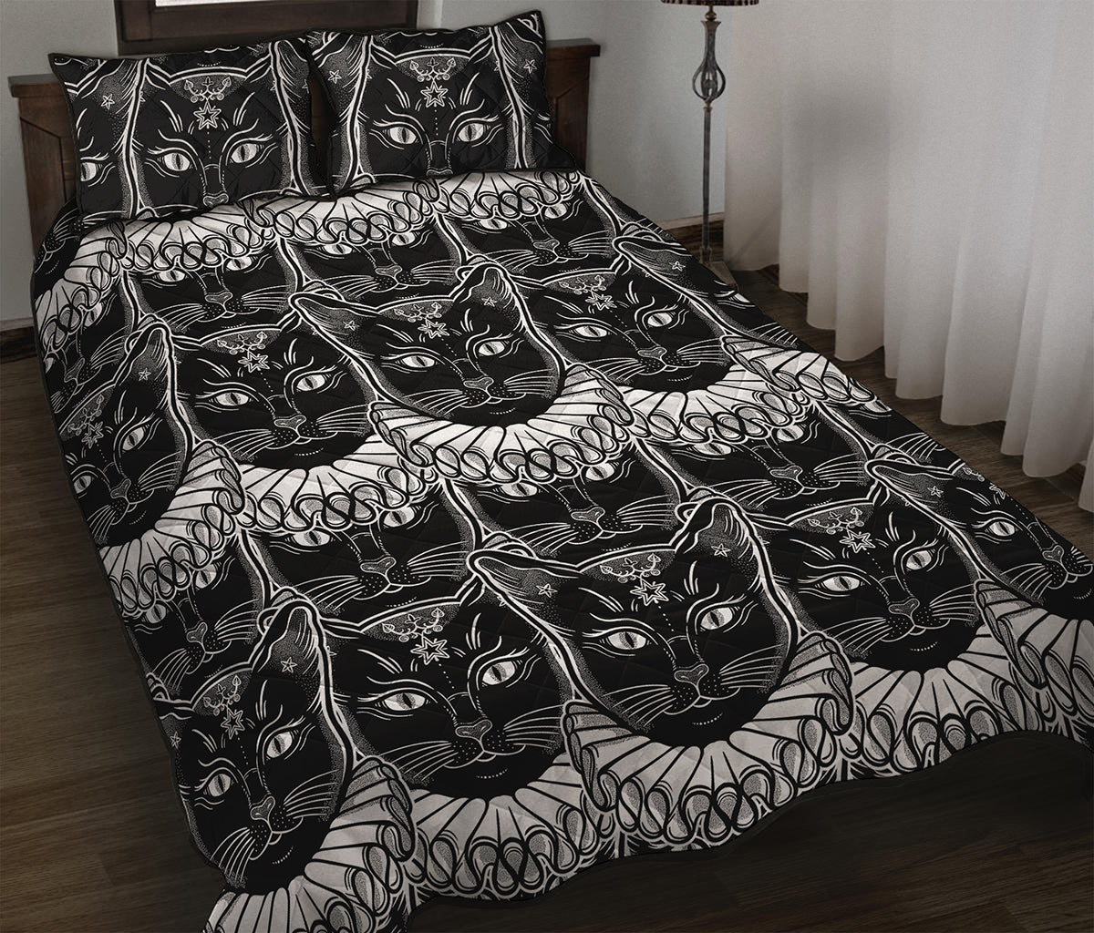 Black And White Gothic Wiccan Cat Print Quilt Bed Set