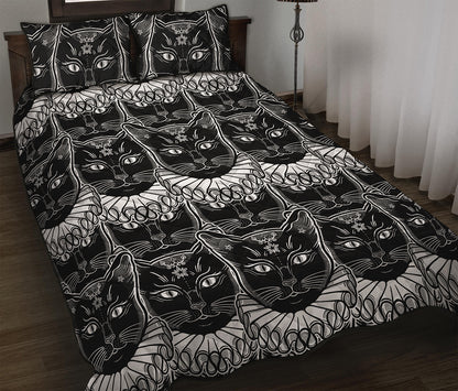 Black And White Gothic Wiccan Cat Print Quilt Bed Set