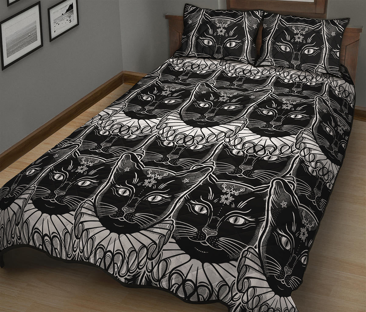 Black And White Gothic Wiccan Cat Print Quilt Bed Set
