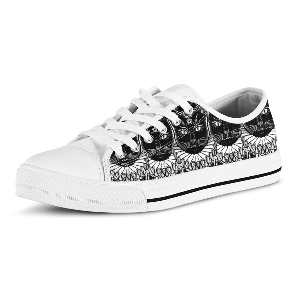 Black And White Gothic Wiccan Cat Print White Low Top Shoes