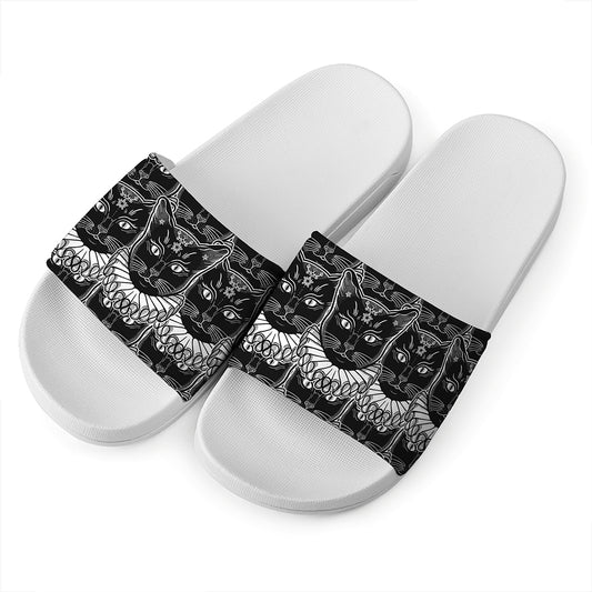 Black And White Gothic Wiccan Cat Print White Slide Sandals