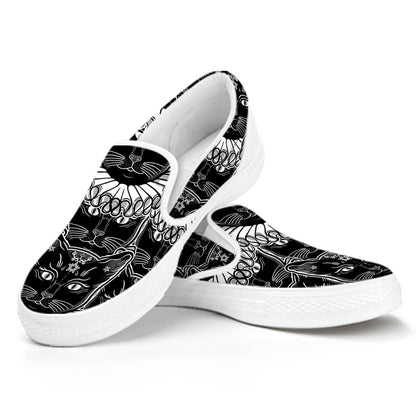Black And White Gothic Wiccan Cat Print White Slip On Shoes