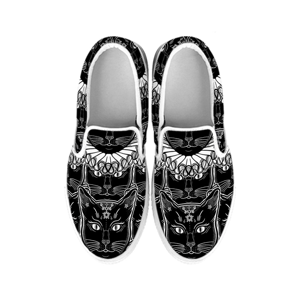 Black And White Gothic Wiccan Cat Print White Slip On Shoes