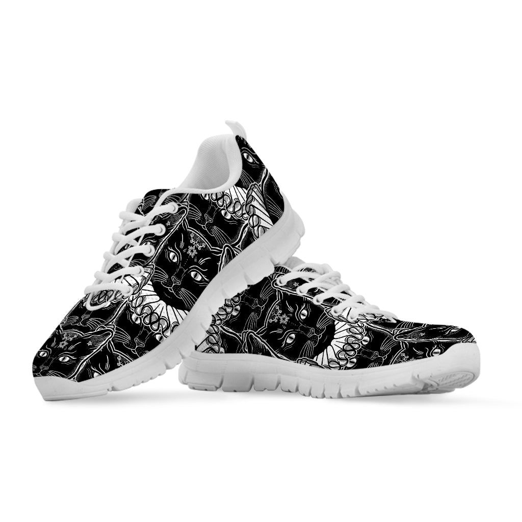 Black And White Gothic Wiccan Cat Print White Sneakers