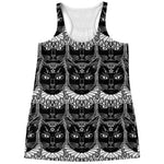 Black And White Gothic Wiccan Cat Print Women's Racerback Tank Top