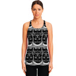Black And White Gothic Wiccan Cat Print Women's Racerback Tank Top