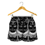 Black And White Gothic Wiccan Cat Print Women's Shorts
