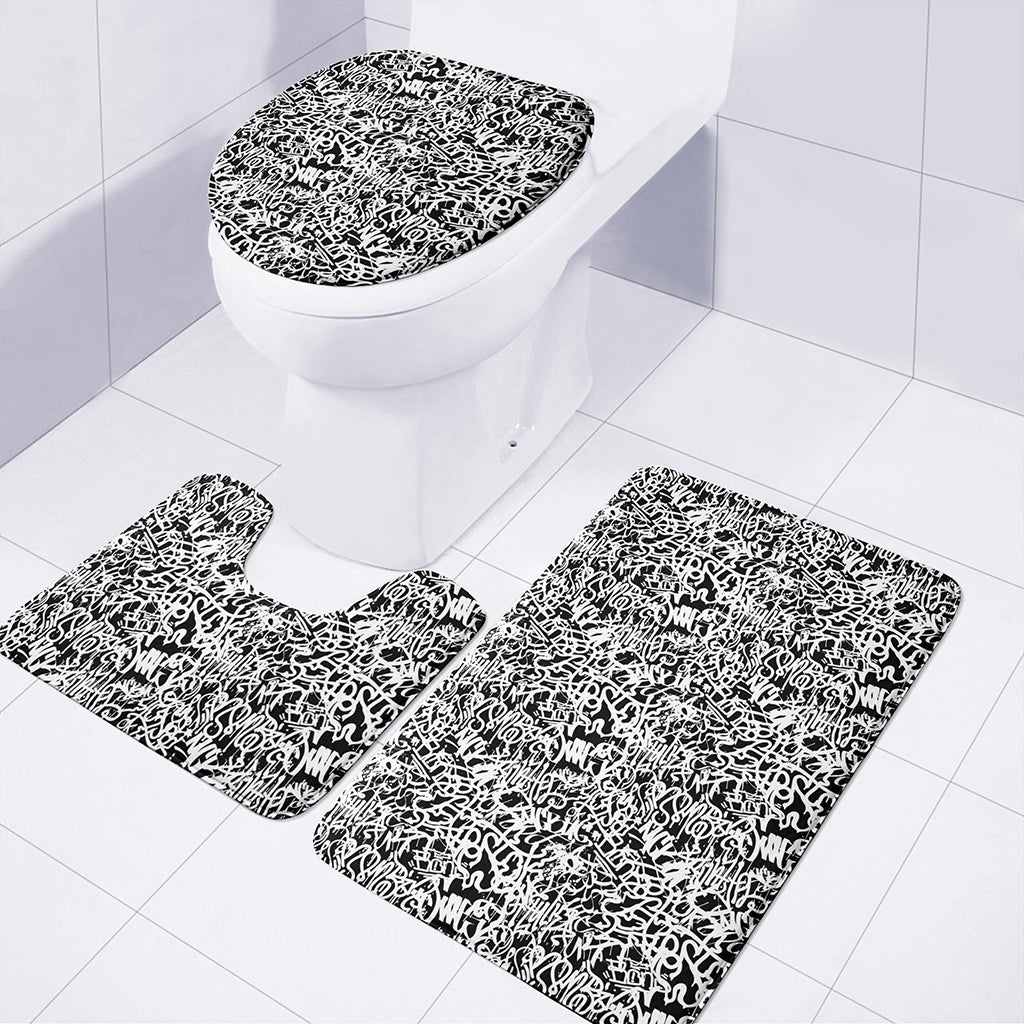 Black And White Graffiti Pattern Print 3 Piece Bath Mat Set