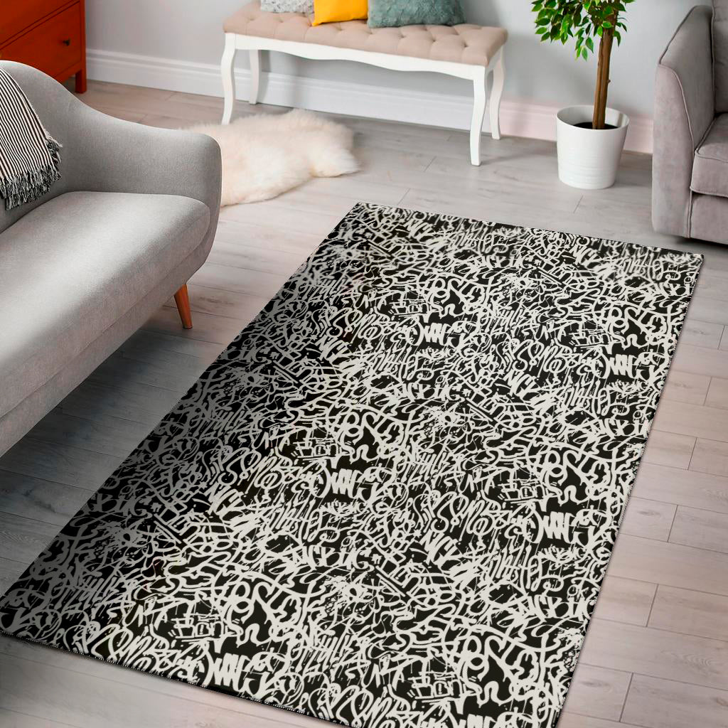 Black And White Graffiti Pattern Print Area Rug