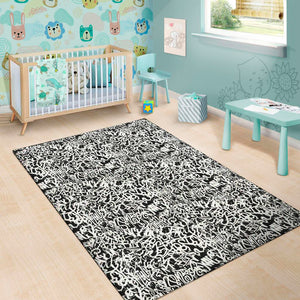 Black And White Graffiti Pattern Print Area Rug