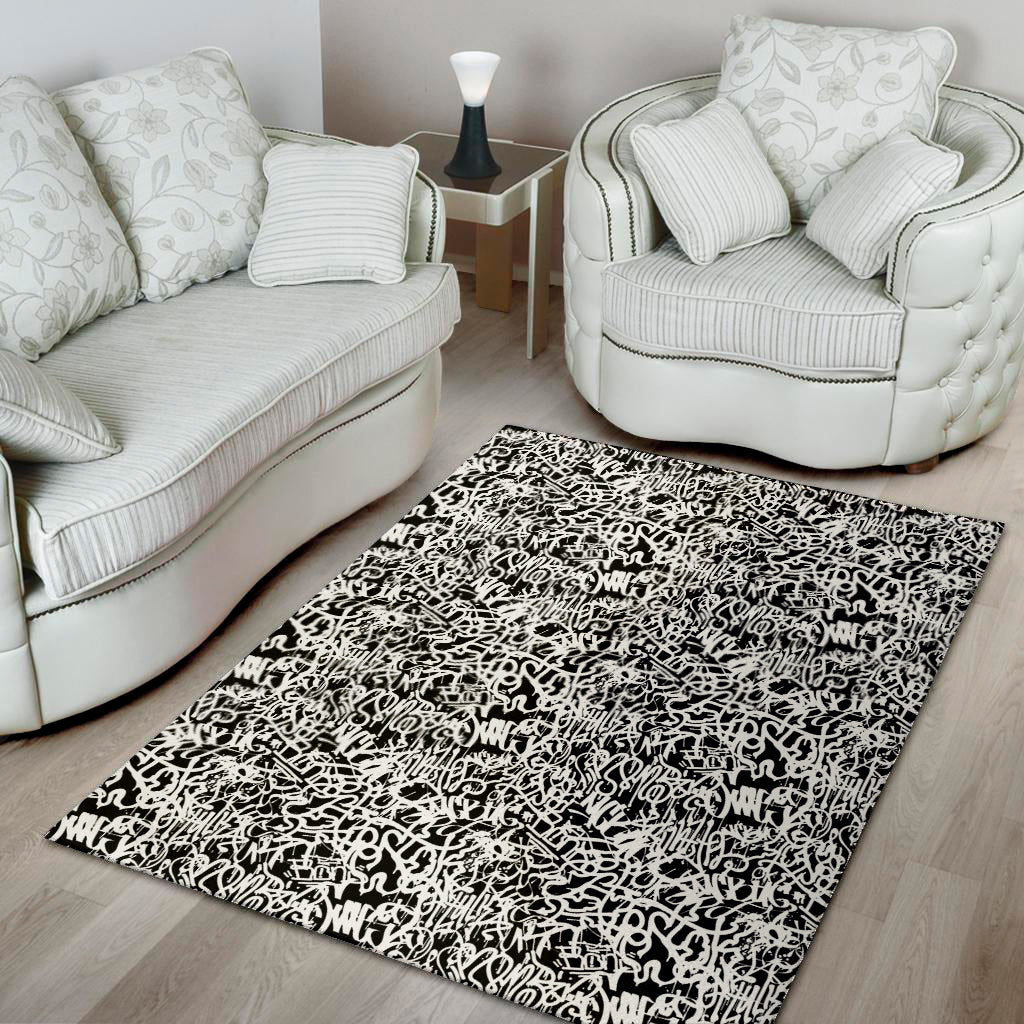 Black And White Graffiti Pattern Print Area Rug