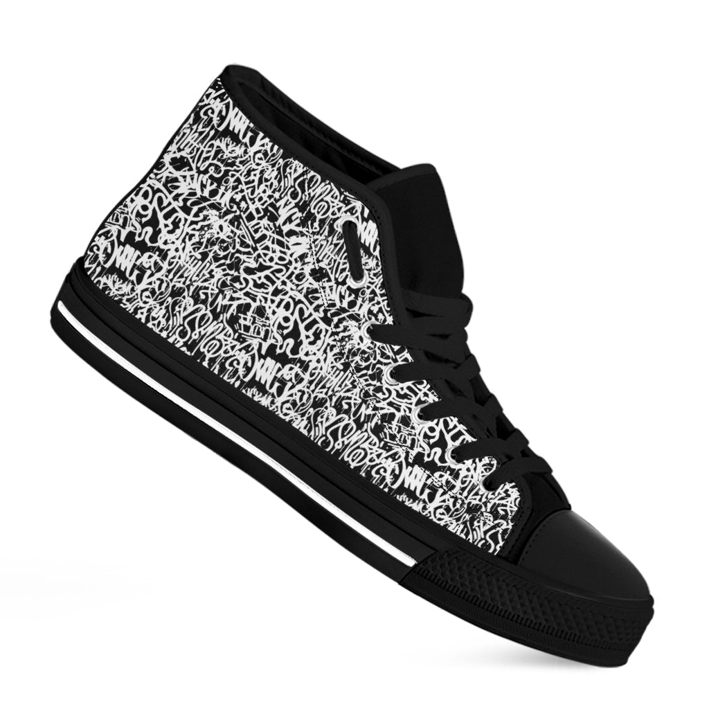 Black And White Graffiti Pattern Print Black High Top Shoes