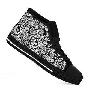 Black And White Graffiti Pattern Print Black High Top Shoes