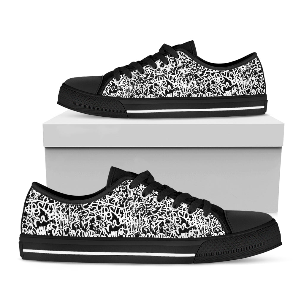 Black And White Graffiti Pattern Print Black Low Top Shoes