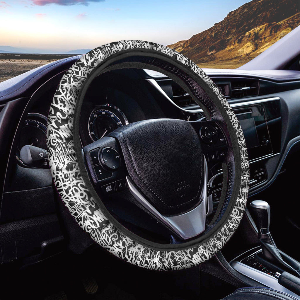 Black And White Graffiti Pattern Print Car Steering Wheel Cover