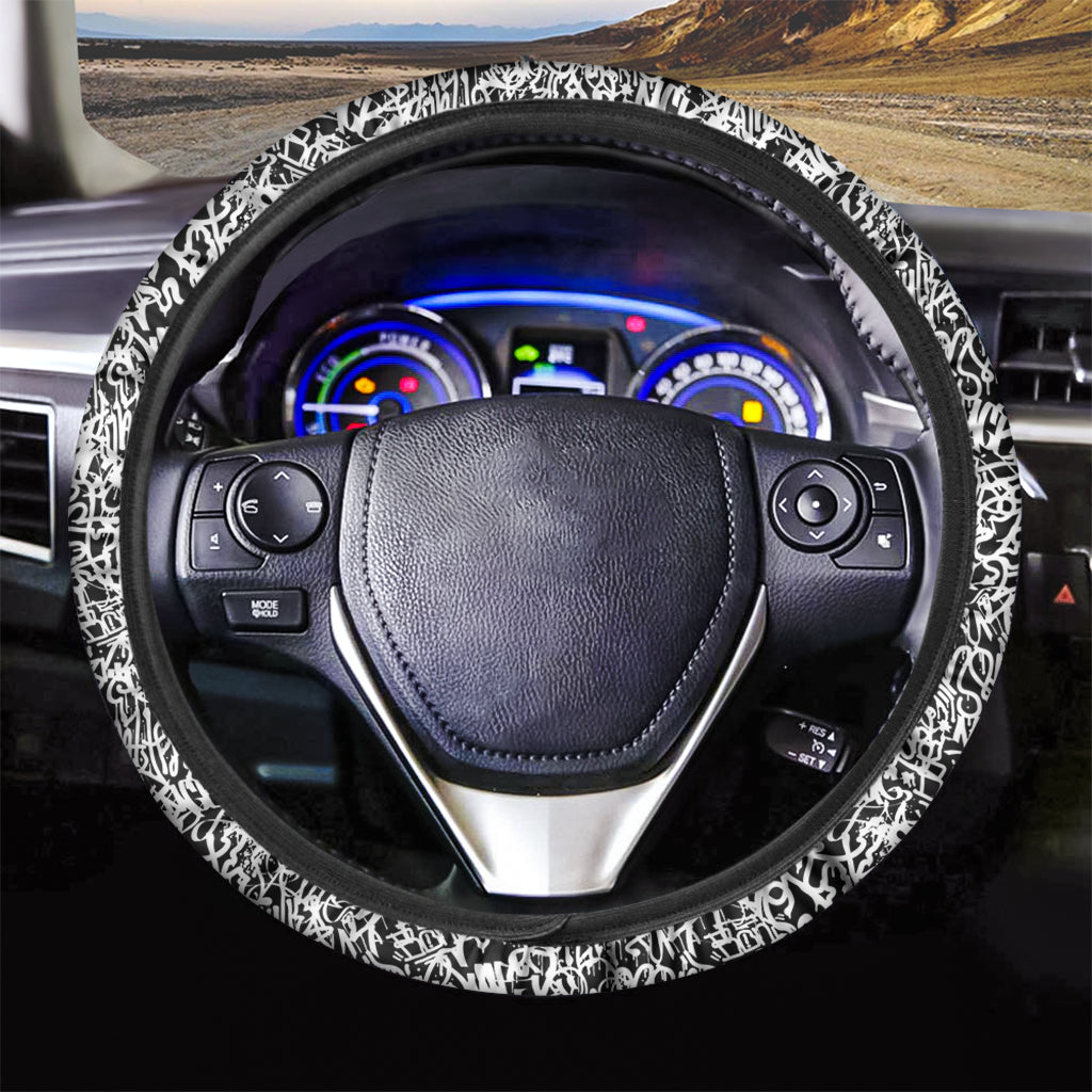 Black And White Graffiti Pattern Print Car Steering Wheel Cover