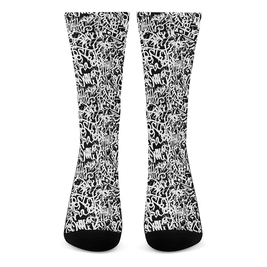 Black And White Graffiti Pattern Print Crew Socks